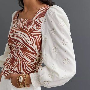 NWT Anthropologie Love The Label Smocked Puff-Sleeve Blouse